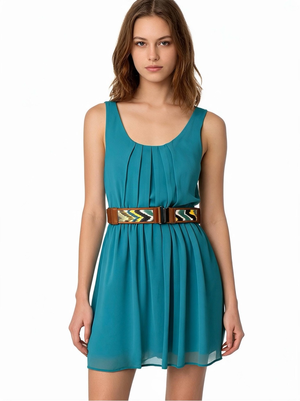 BCX Teal Pleated Chiffon Sleeveless Mini Dress with Embroidered Belt